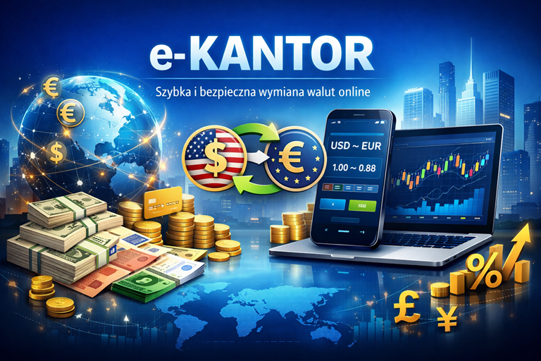 Grafika e-Kantoru z wymianą walut online na telefonie i laptopie