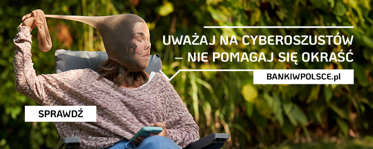 Kobieta ściągająca z głowy pończochę i link do strony o ceberbezpieczeństwie