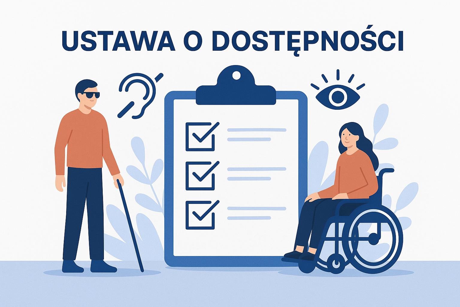 Ilustracja o ustawie o dostępności z osobą niewidomą i na wózku inwalidzkim